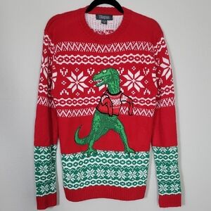 33 Degrees Mens Ugly Christmas Sweater Size M Dinosaur Novelty Holiday Embroider